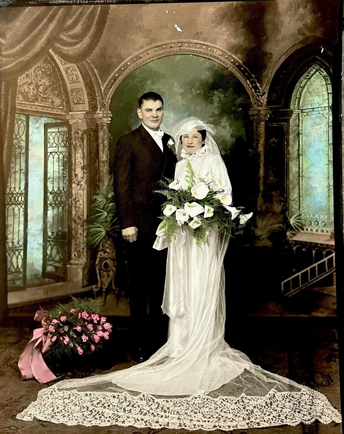 Antique 1920s Wedding Tinted Photo Bride Groom Period Dress Hat 8 By 10