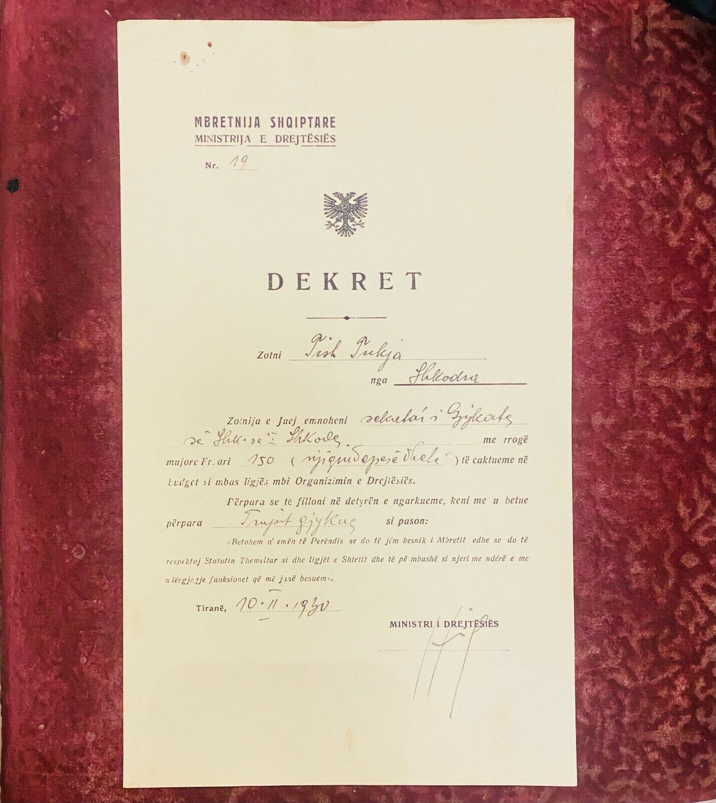 Rare Albania Kingdom Decree Antique Document Justice Ministry 1930 - 0034