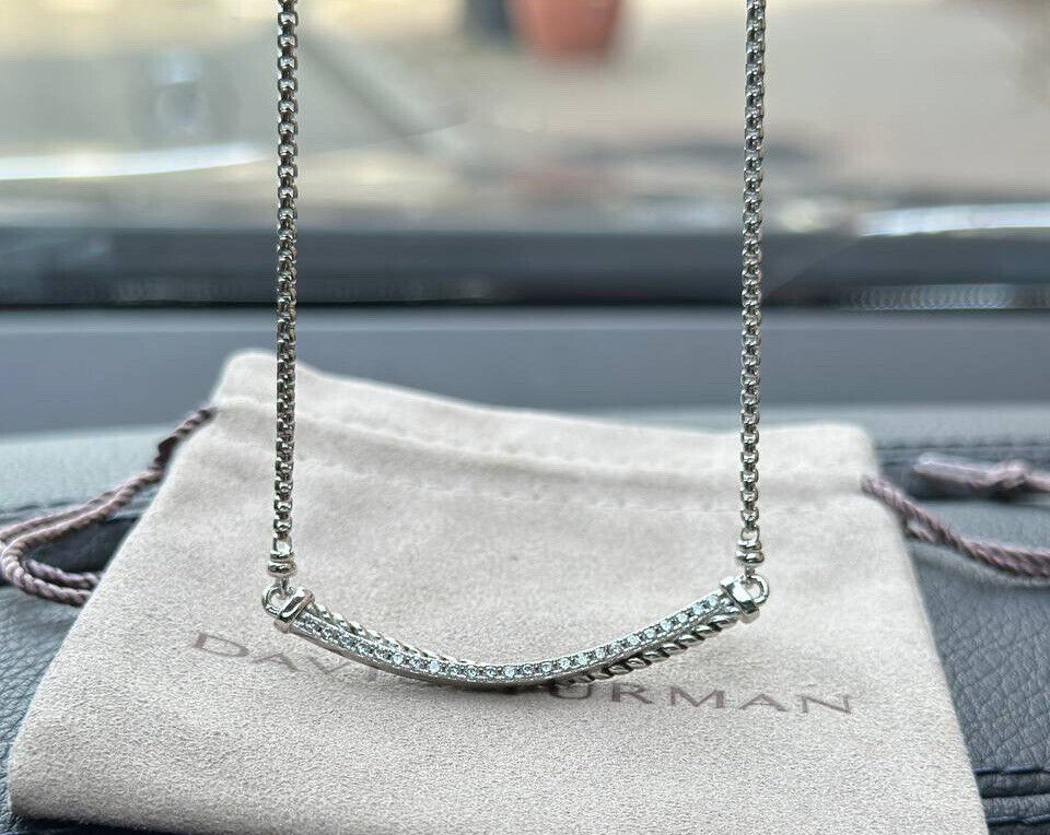 David Yurman Sterling Silver Crossover Bar Pendant Necklace with Diamonds