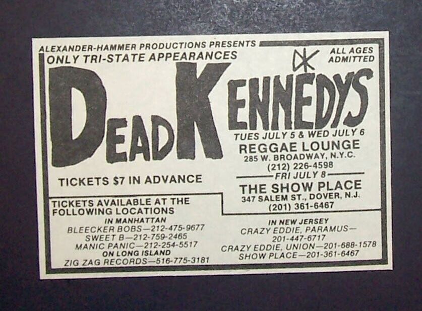 Dead Kennedys Plastic Surgery Disasters Era Reggae Lounge Show Place NJ 1983 Ad