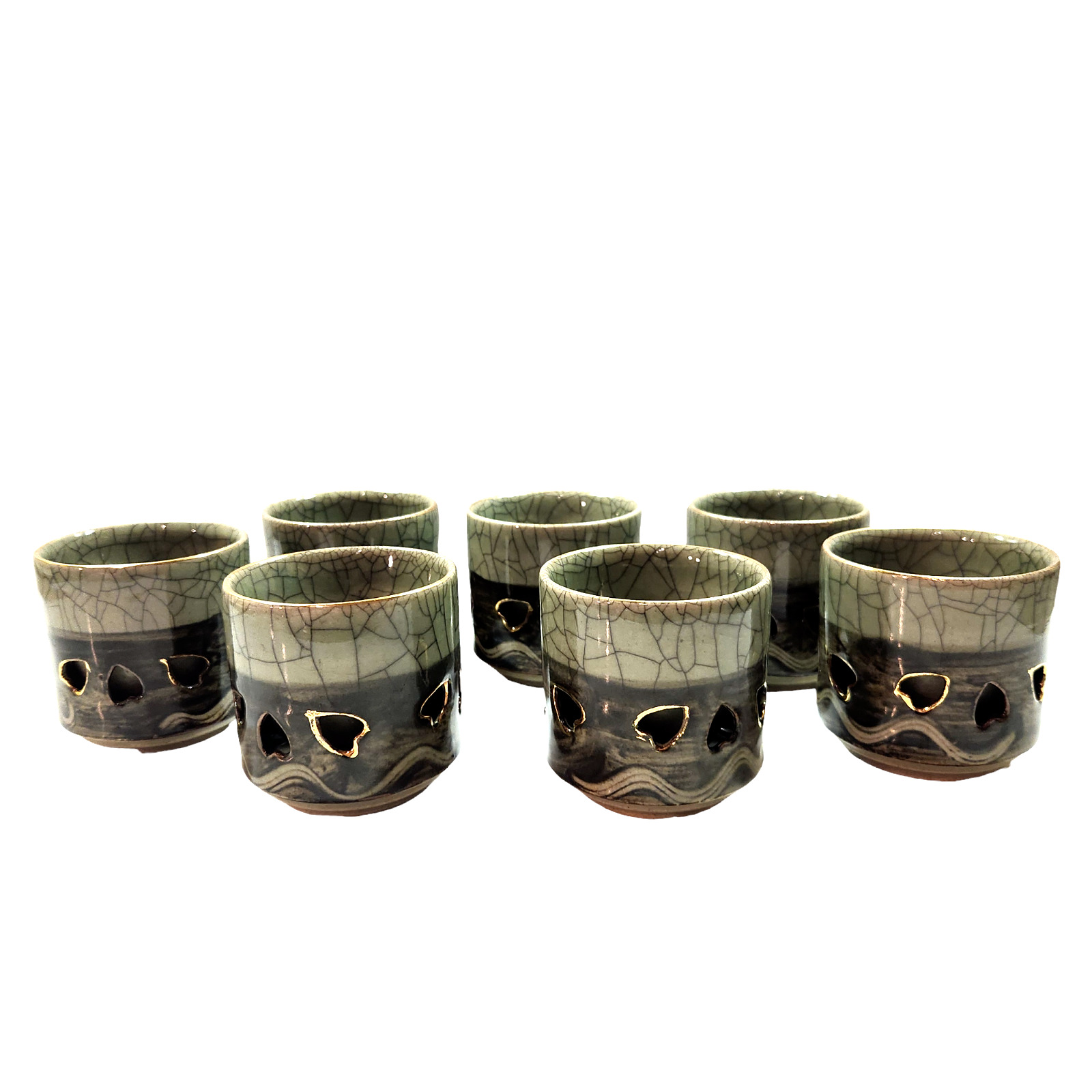Vintage Set of 7 Somayaki Heart Soma Ware Walled Ceramic Cups Japan