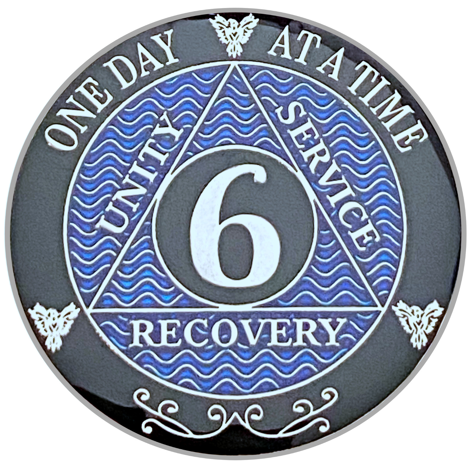 AA 6 Year Silver, Blue Color Plated Medallion, Alcoholics Anonymous Coin