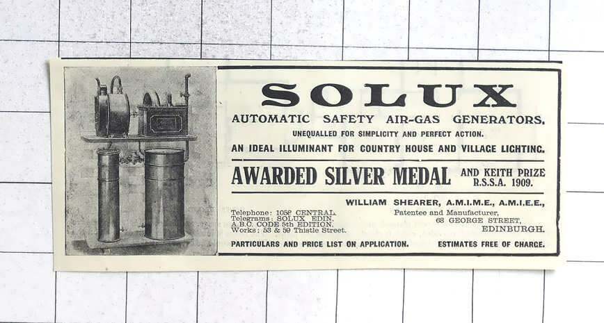1912 Solux, Automatic Safety Air Gas Generators, William Shearer Edinburgh