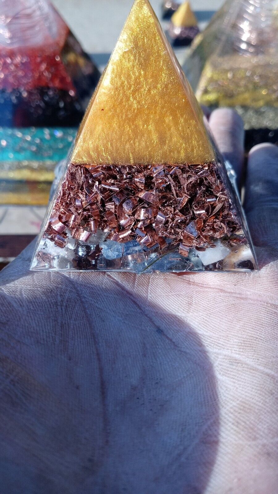 Large Golden Cap Copper Orgonite Pyramid Energy Protection EMF Shielding