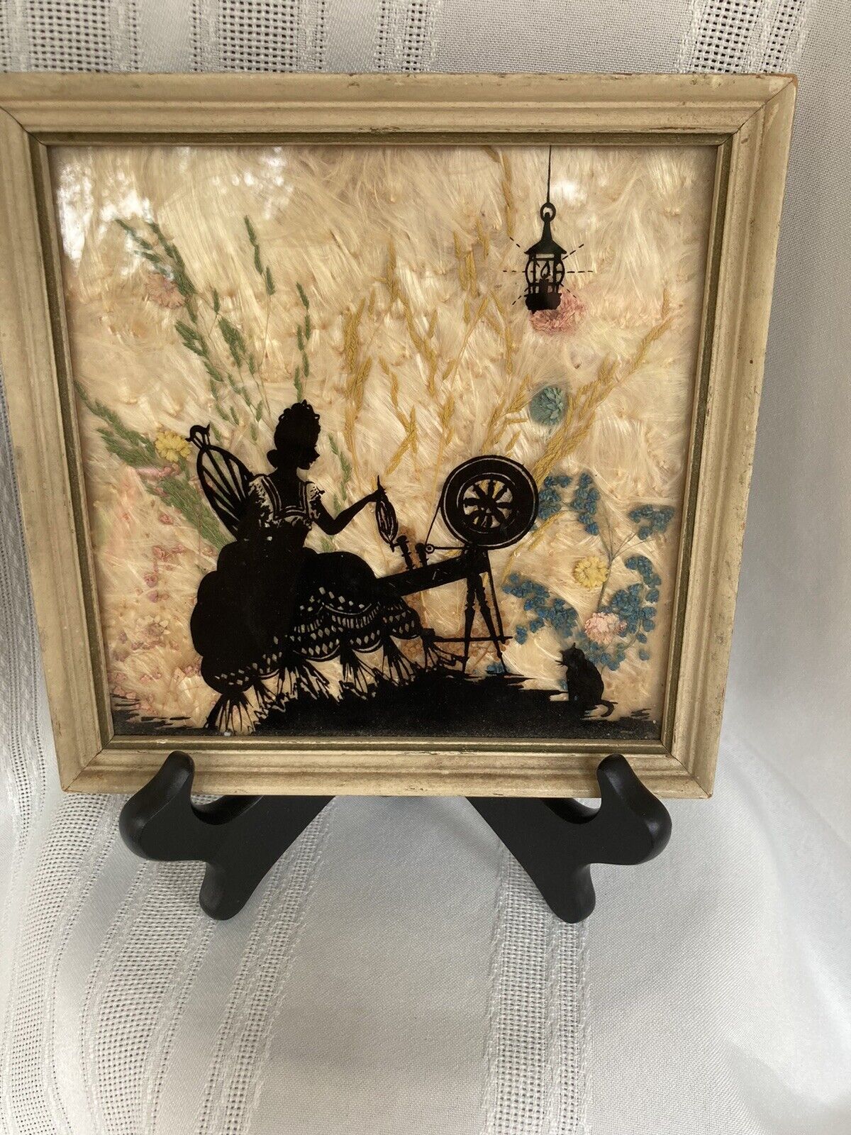 Vintage Milkweed Reverse Painted Girl Spinning Wheel Fisher Pictures