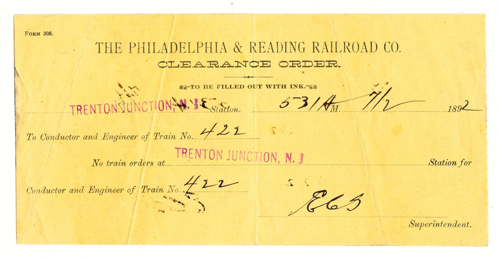 1892 - PHILADELPHIA & READING RAILROAD CO CLEARANCE ORDER - TRENTON JUNCTION NJ