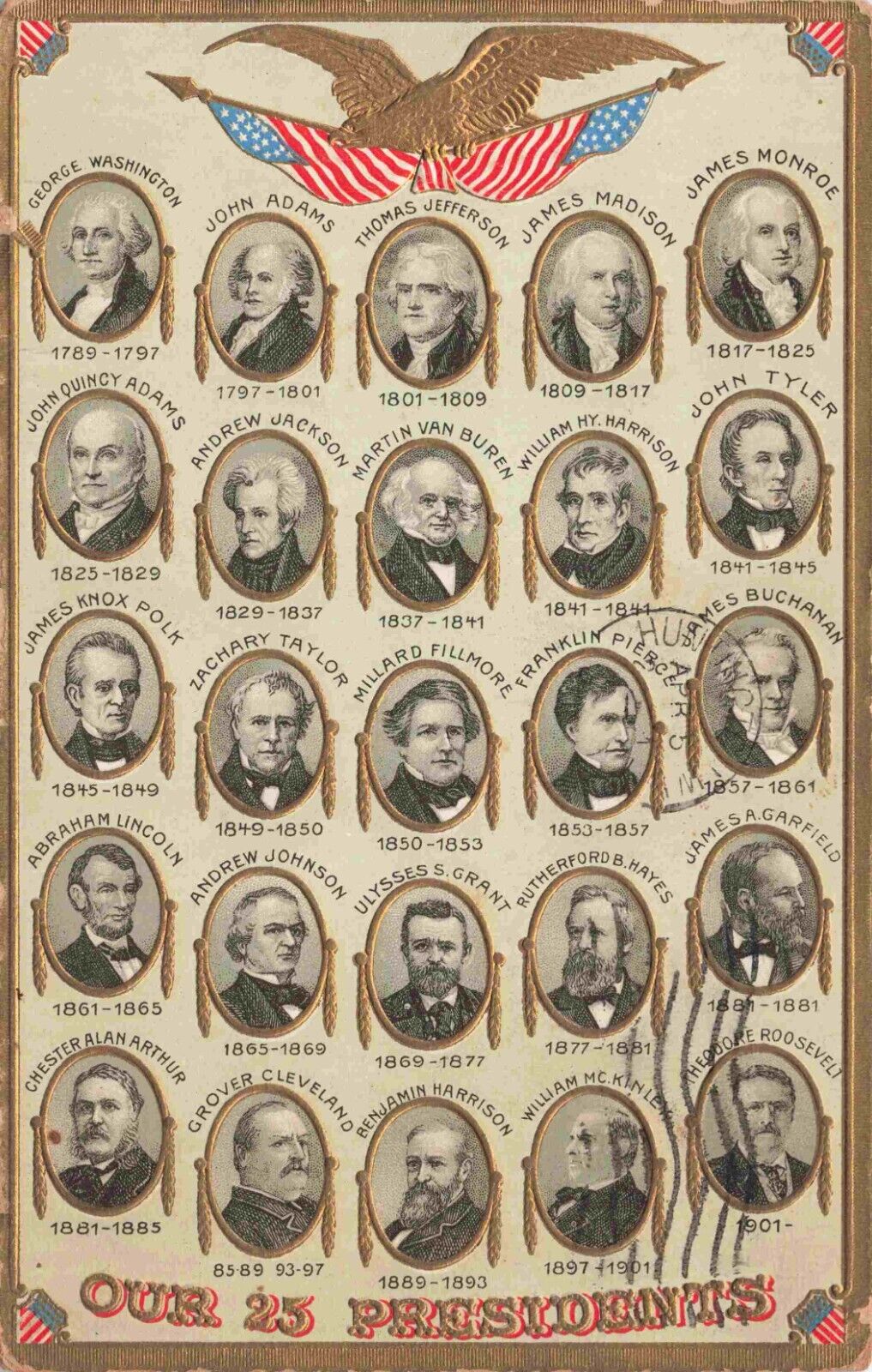 Patriotic Vintage Postcard - Our 25 Presidents Washington to Roosevelt, Embossed