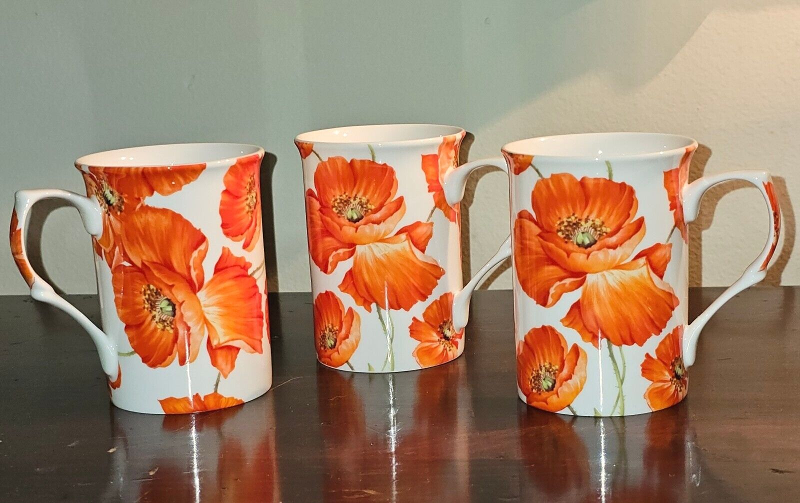 Stechcol Gracie Bone China Coffee Cup Red Orange Poppies Mug Set Of 3 NWOB
