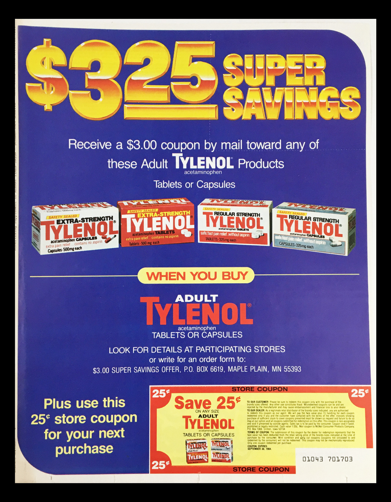 1984 Tylenol Acetaminophen Tablets or Capsules Circular Coupon Advertisement