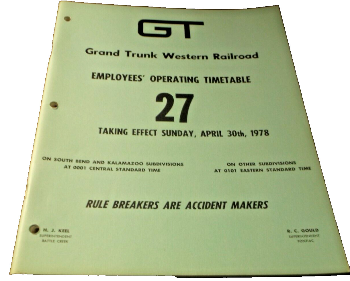 APRIL 1978 GRAND TRUNK WESTERN RAILROAD EMPLOYEE TIMETABLE #27