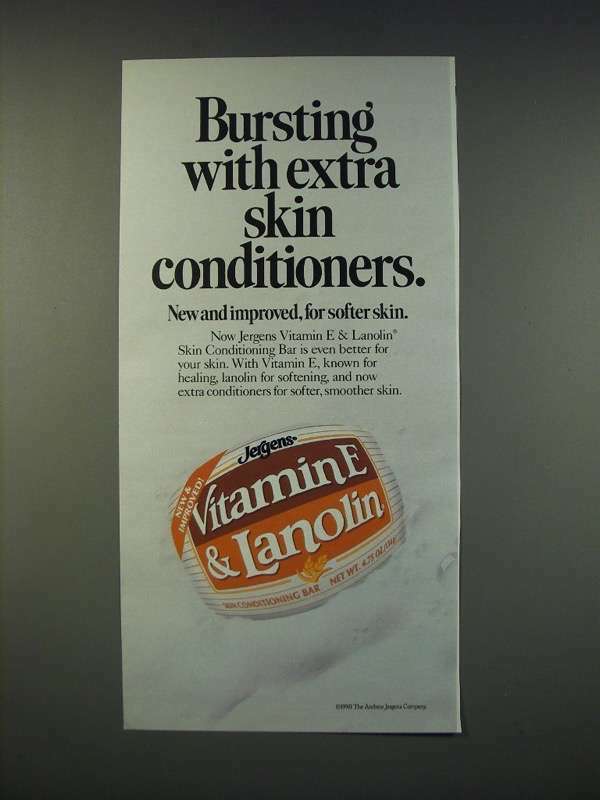 1990 Jergens Vitamin E & Lanolin Skin Conditioning Bar Ad - Bursting with extra