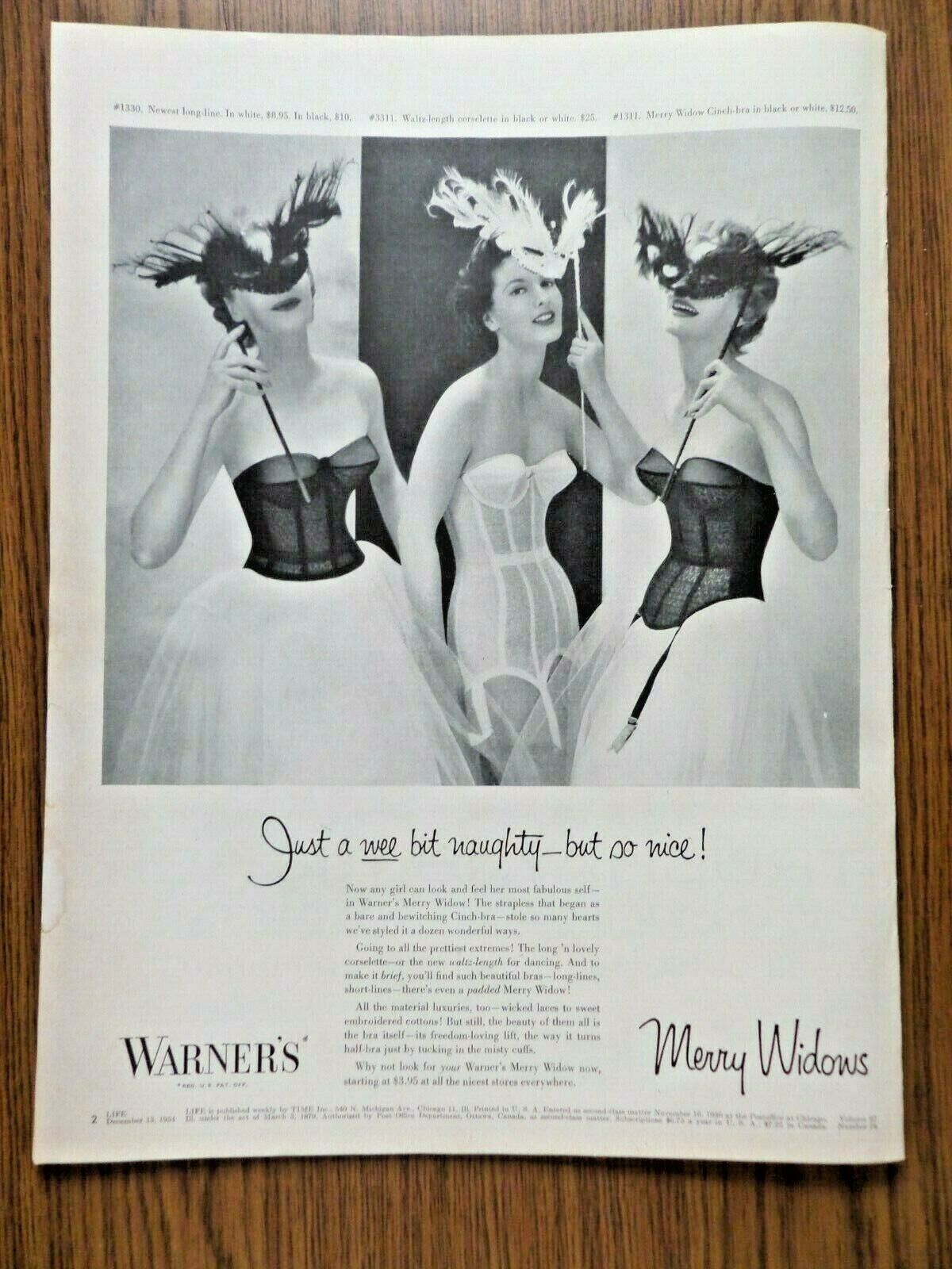 1954 Warner's Bra Girdle Ad Merry Widows Just a wee bit Naughty but so nice