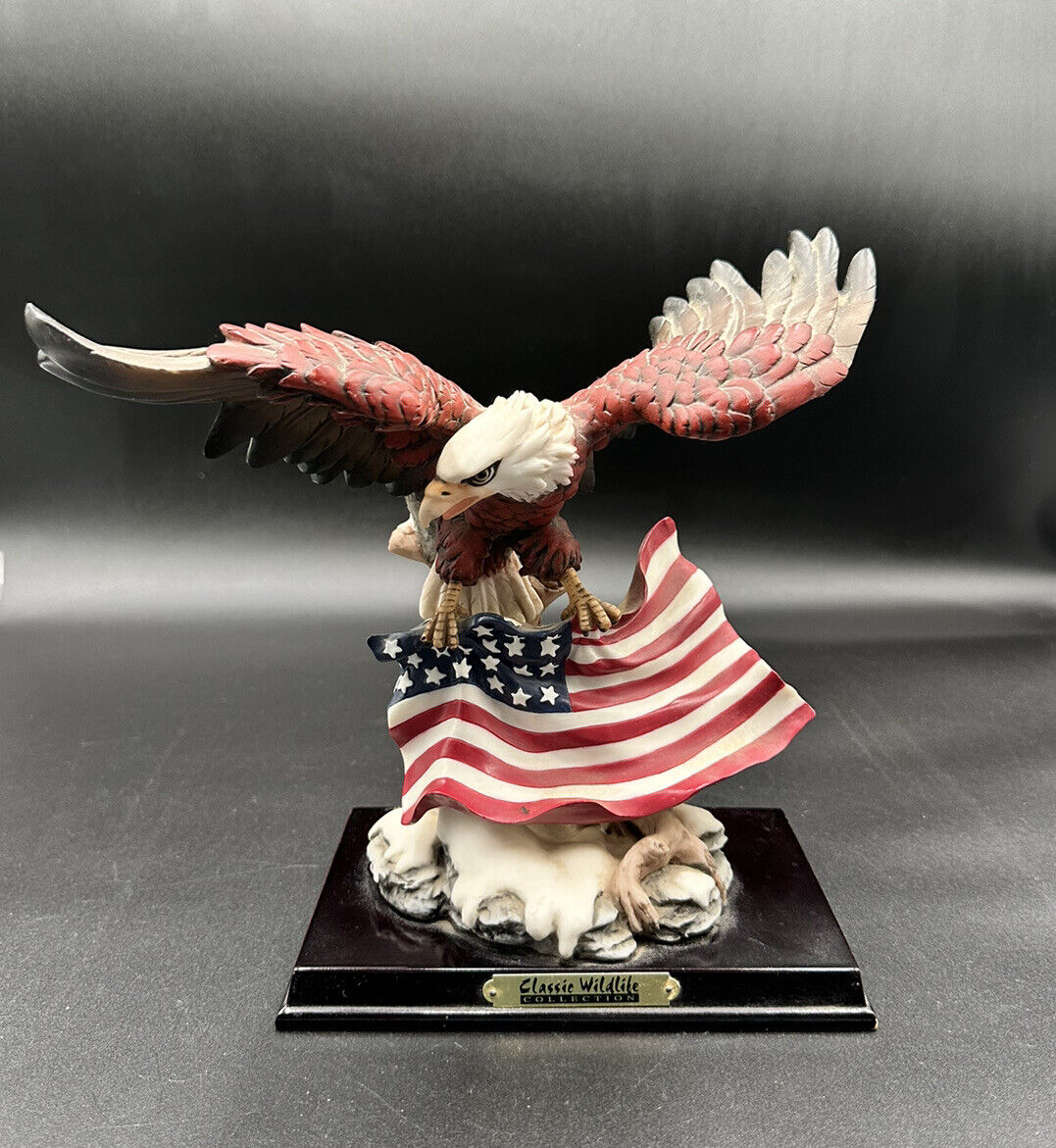 Classic Wildlife Collection Bald Eagle With American Flag On Wood Base Patriotic