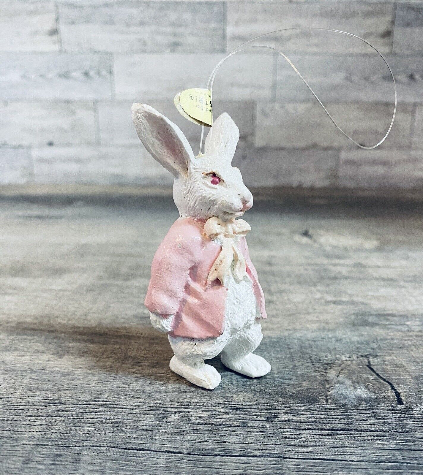 Vintage White Albino Resin Easter Bunny Rabbit in Pink Tux Ornament