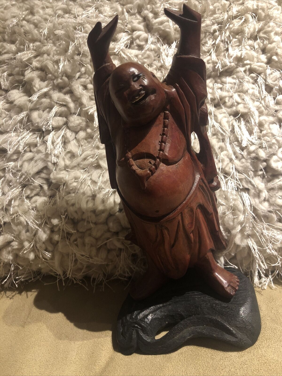 Vintage Hand Carved Wooden Budhha Statue With Teeth & One Eye Open 7.5 In Tall