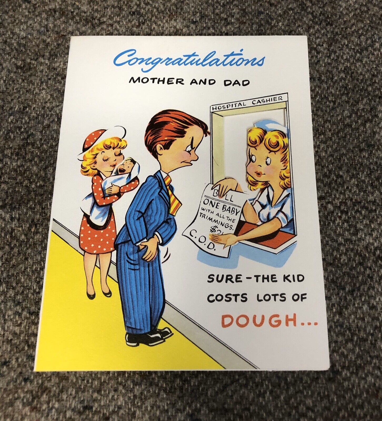 VINTAGE NOS 1948 HUMOROUS GREETING CARD UNUSED BABY CONGRATULATIONS NOVA LAUGHS