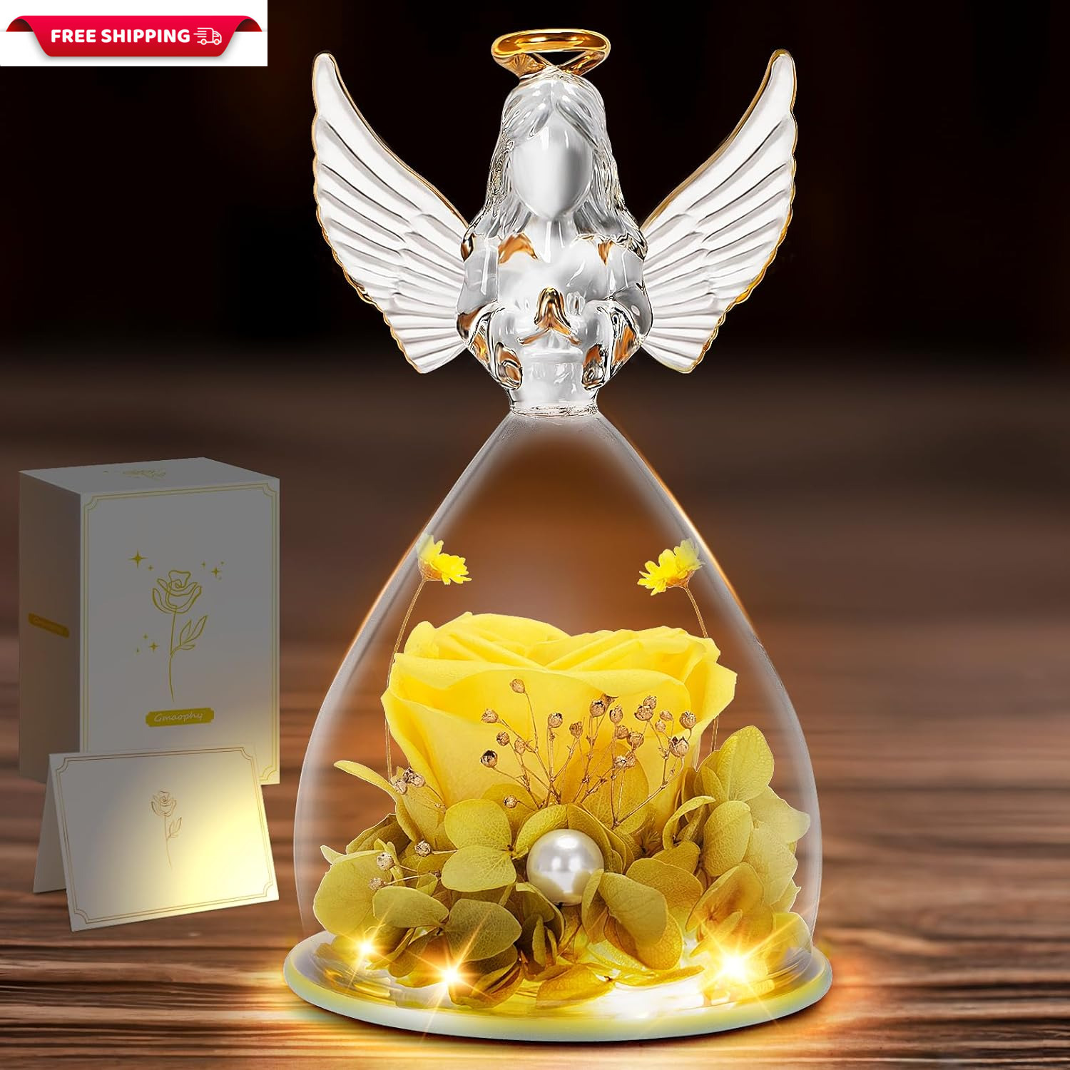 Preserved Flowers Gift for Mom, Grandma, Angel Figurine with Yellow Rose & Light