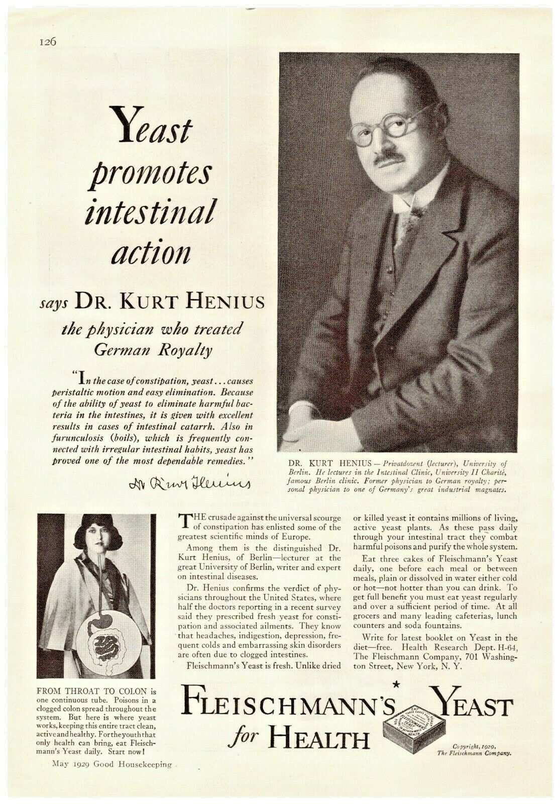 1929 Fleischmann's Yeast Vintage Print Ad Promotes Intestinal Action German Dr. 