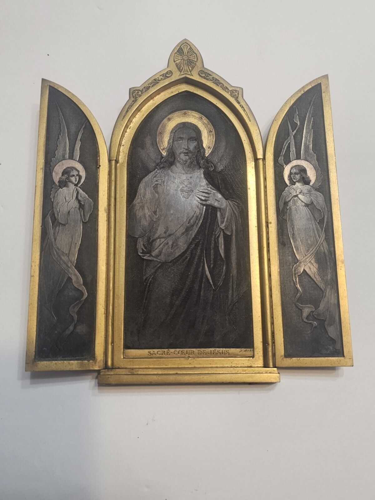 Antique Metal Triptych Icon Jesus Bernard Wicker Engraver France Late 1800s 1900