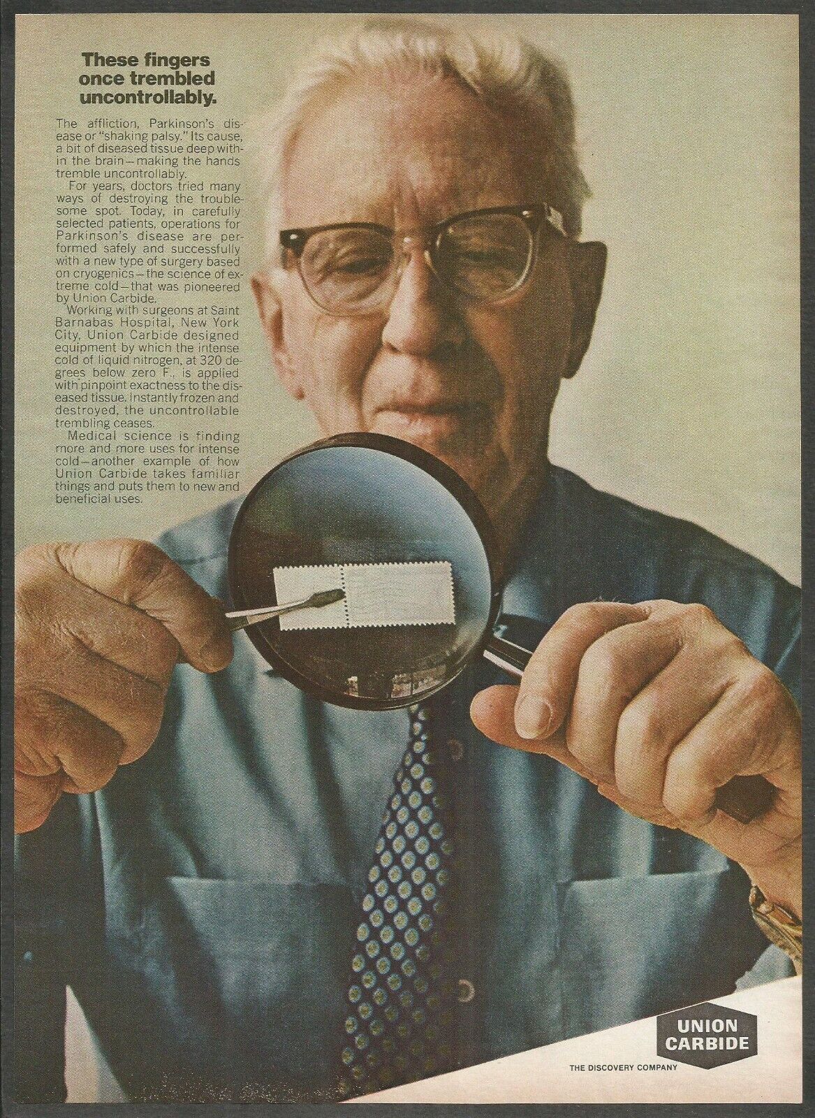 UNION CARBIDE Equipment for Parkinson's disease treatment-1968 Vintage Print Ad
