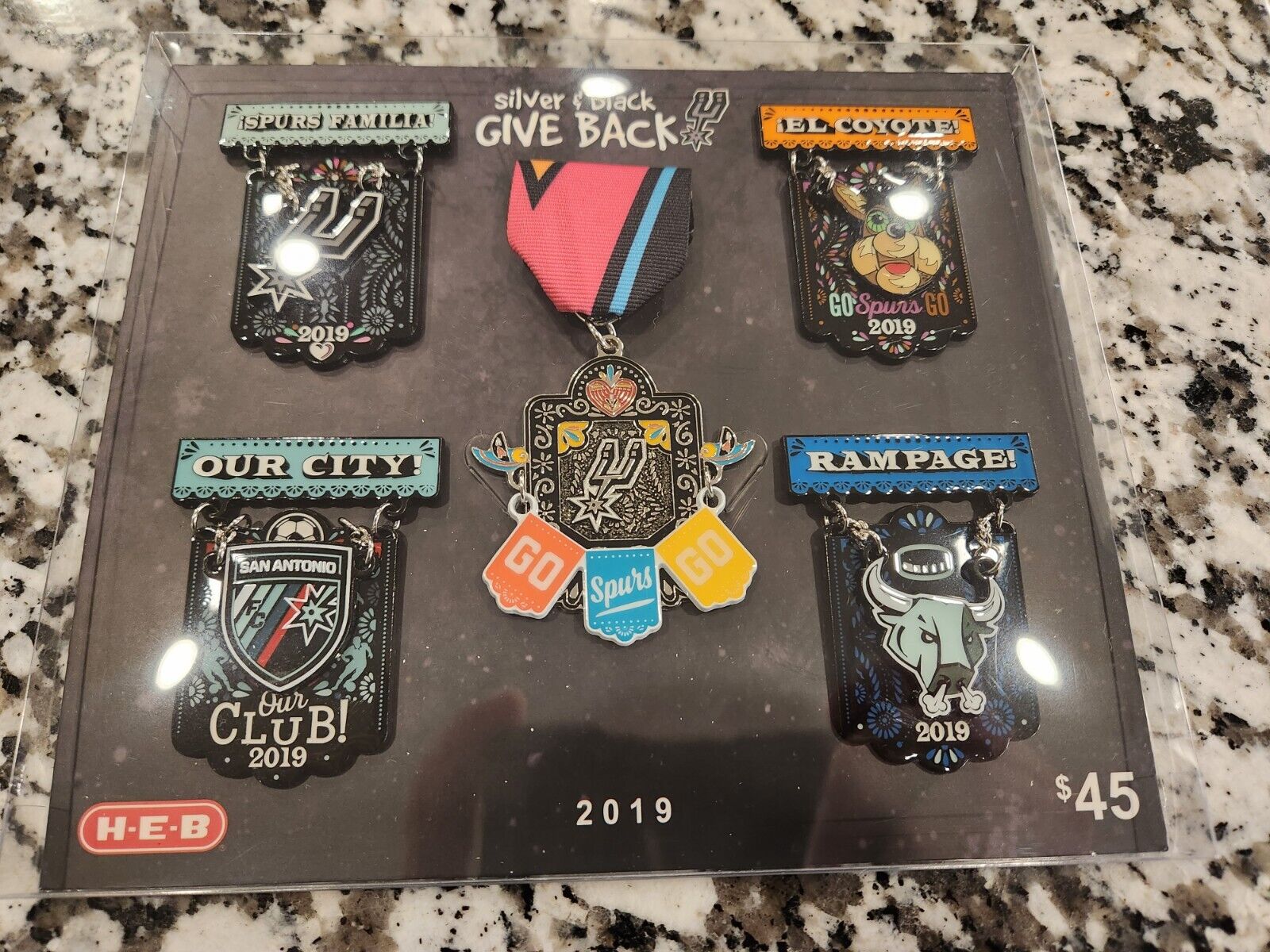 RARE 2019 Silver and Black Gives Back Spurs 5-pack fiesta medals