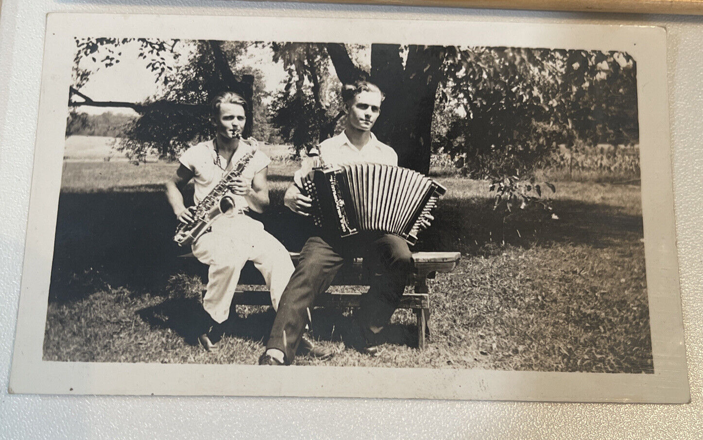 Vtg Photo 2  Handsome Young Men Playing Sax & Accordion On A Bench,Black & White