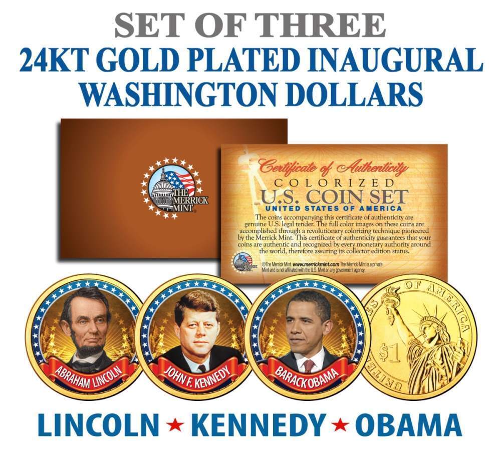 OBAMA / JFK / LINCOLN 24K GOLD PRESIDENTIAL DOLLAR 3-COIN SET