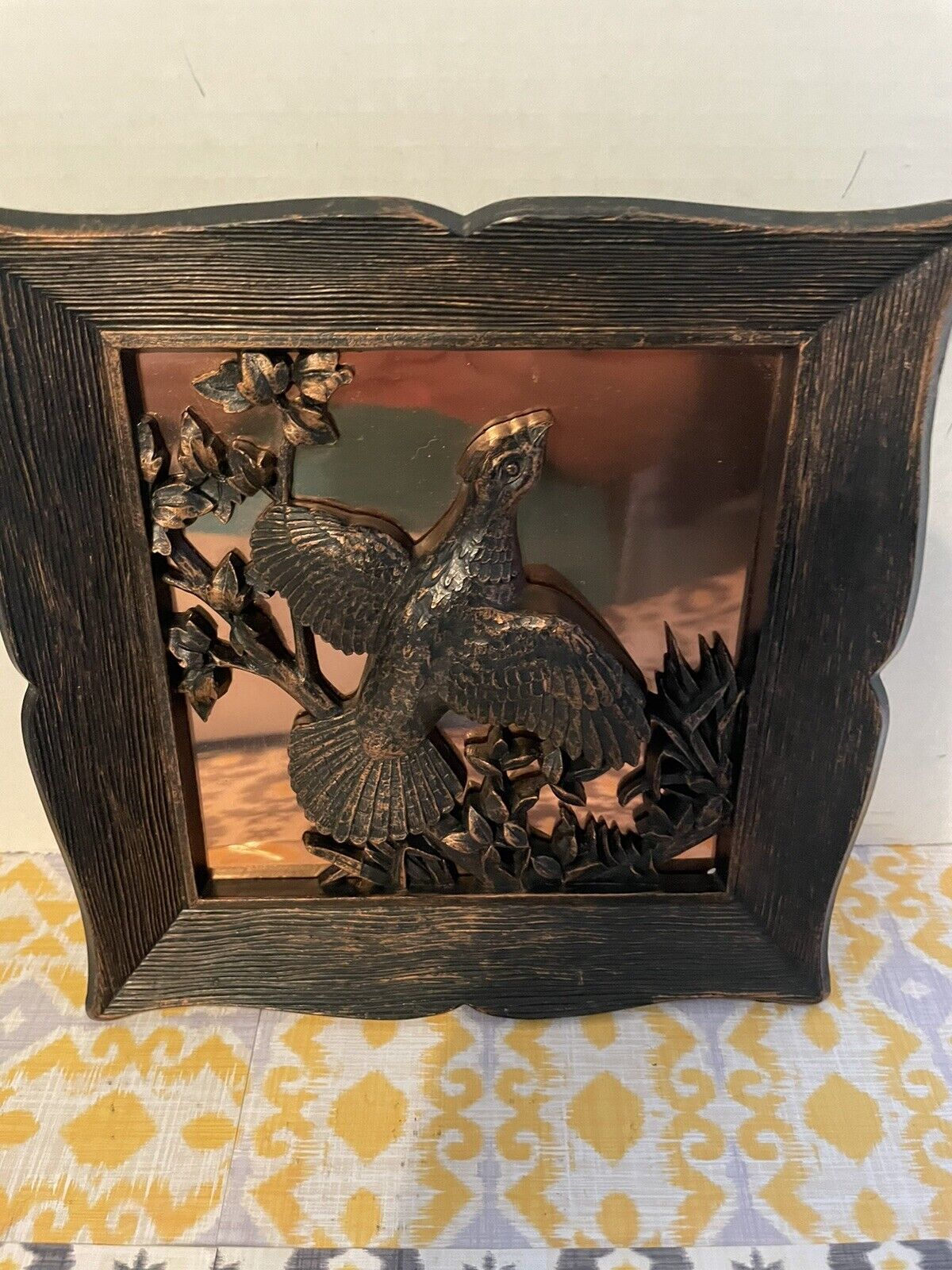 Vintage Syrocco With brass /tin /copper pheasant 3D wall art approx 8x8