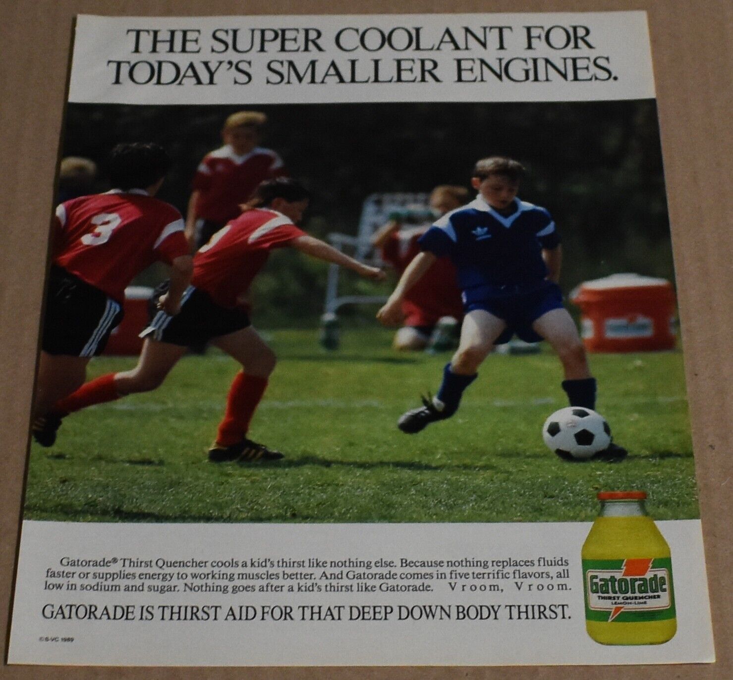 1989 Print Ad Super Coolant smaller engines Gatorade Thirst Quencher Soccer boys