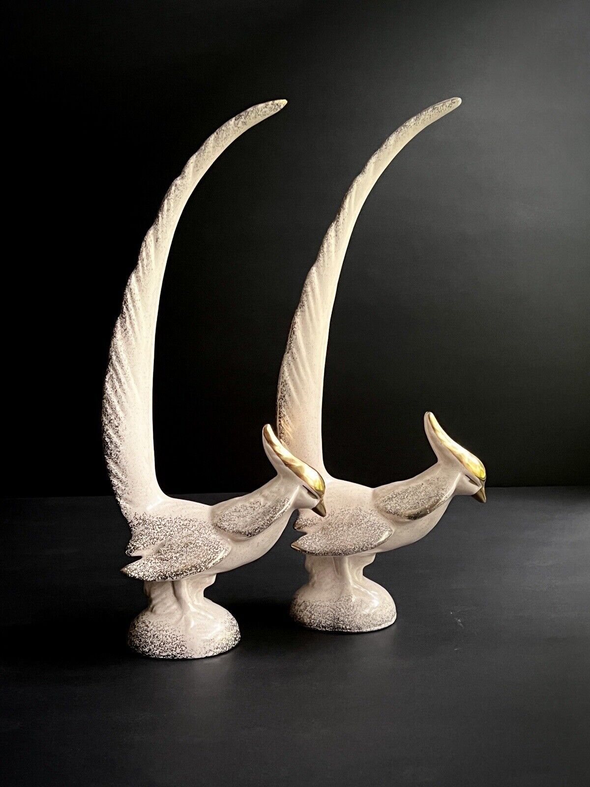 Gilner California Pottery Pheasants Gold & Bone MCM Ceramic Bird Art Figurines