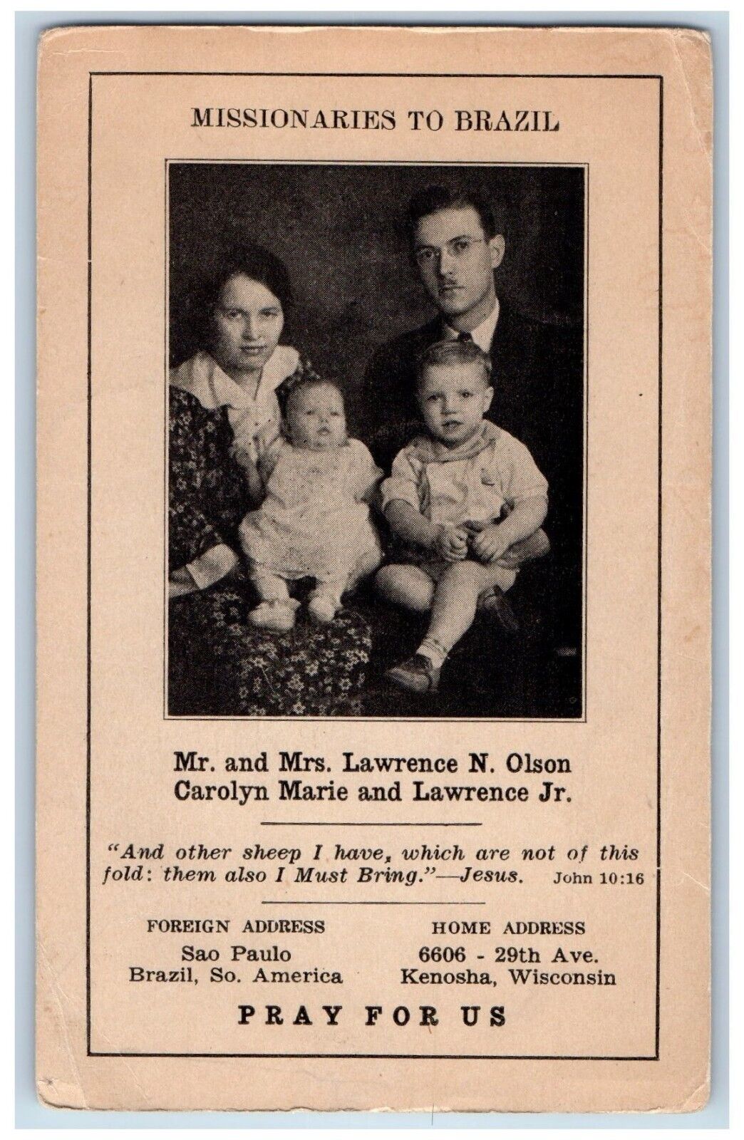 Missionaries To Brazil Postcard Mr. And Mrs. Lawrence N Olson Carolyn Marie