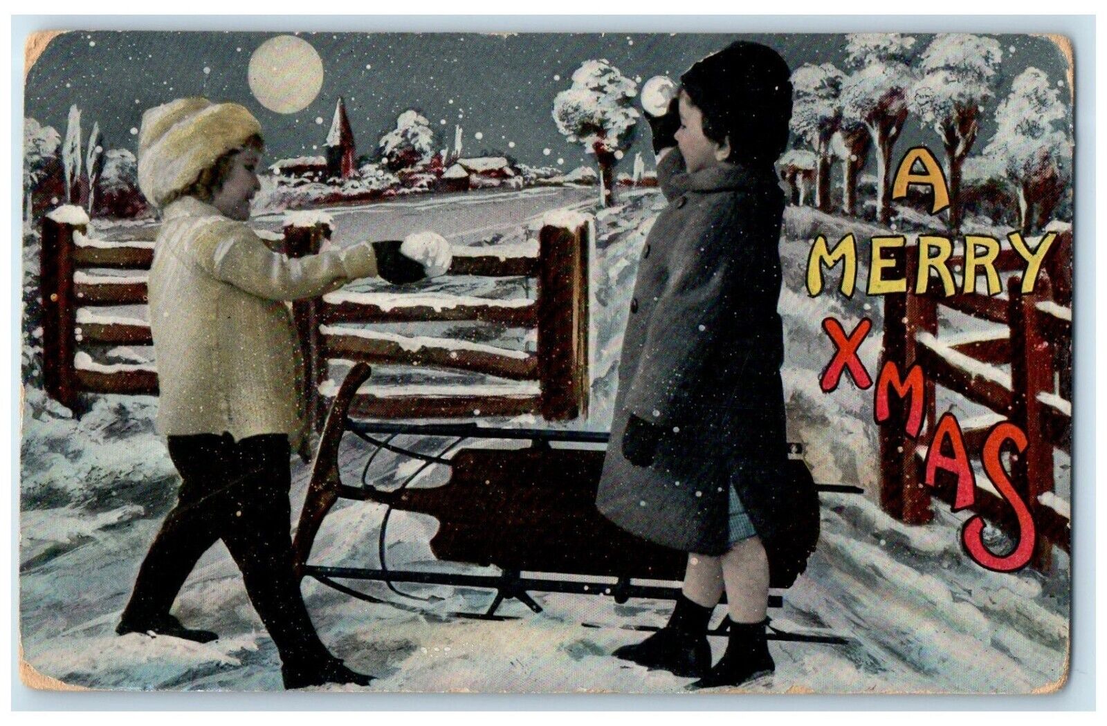 c1910\'s Christmas Boys Playing Snowball Winter Scene Canton SD Antique Postcard
