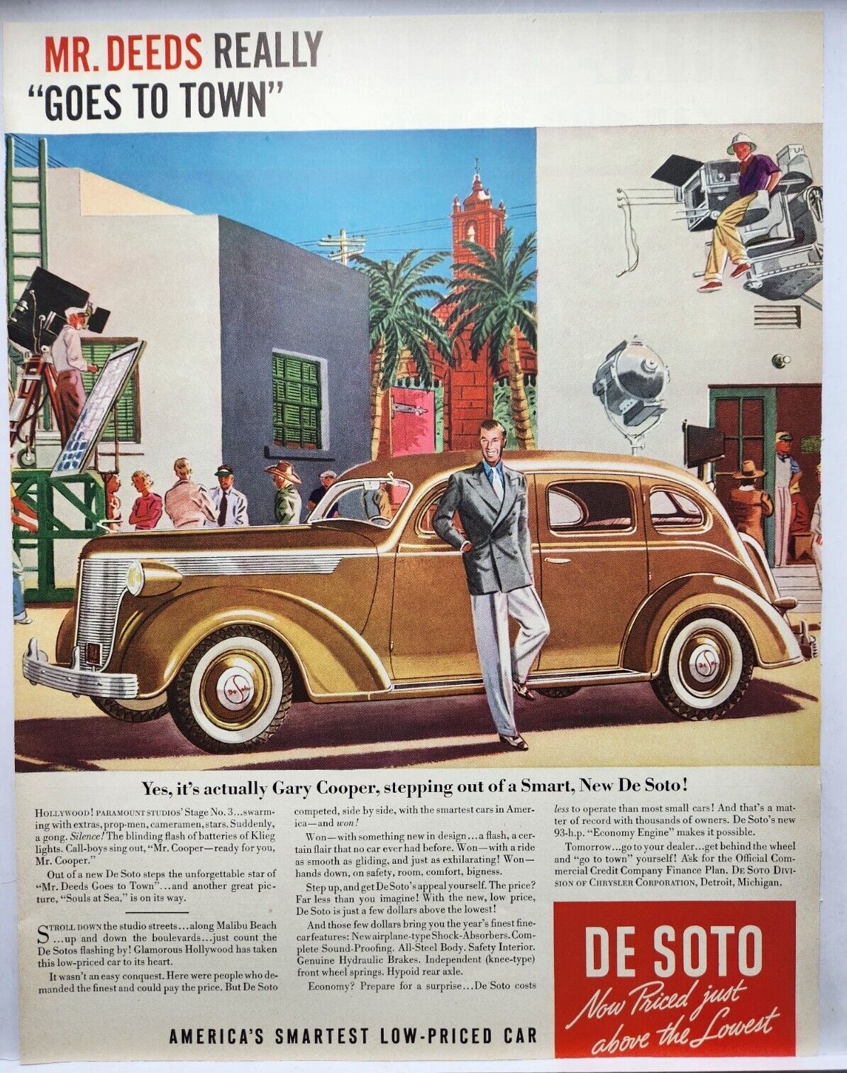 1937 Desoto Gary Cooper Malibu Beach Hollywood Studios Print Ad Man Cave Poster