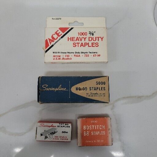 Lot 4 Vintage Staples, Almost Full Boxes (1) ACE (2) Swing Line (1) Bostitch.