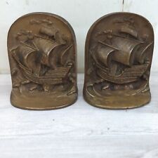 Set Of 2 Vintage Cast Ship Metal Bookend Nautical Clipper Sailboat Snead & Co picture
