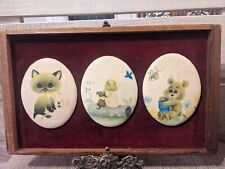 Vintage Adorable Redwood Framed Plaque With 3 Kitchy Children Oval Decopage 8x13 picture