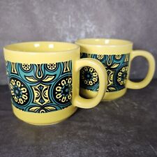 2 MCM Coffee Mugs 1970s Dopamine Yellow Teal Tea Cups Retro Core Psychedelic 8oz picture
