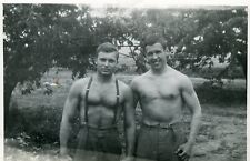 Shirtless Handsome young men hairy chest bulge beach trunks gay vtg photo picture