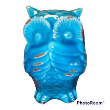 Rare Ceramic Owl Figure Turquoise Blue & White Distressed Patina Style Artwork picture