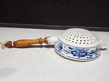 LARGE Antique Blue Onion Porcelain Pierced Strainer Colander with Wood Handle picture
