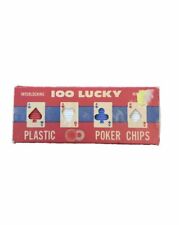 VINTAGE POKER CHIPS Lucky Plastic Stackable 100 Poker With Box Red White Blue picture