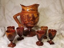 Vintage Type Hand Carved/Lathe Wooden Tiki Look Drink Set Pitcher & Cups picture