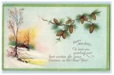 1918 New Year Snow Winter Scene Pine Bough With Pinecones Antique Postcard picture