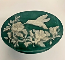 Vintage Oval Incolay Stone Hummingbird Hinged Trinket Box Dark Green Handmade picture