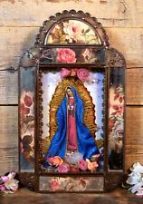 Large Retablo Virgin of Guadalupe Handmade Metal Mirrored Roses Mexican Folk Art picture