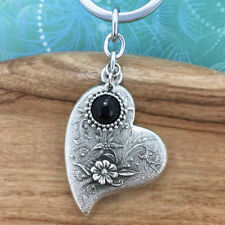 Heart and Flowers Keyring Keychain with Black Onyx Charm picture