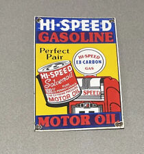 VINTAGE HI-SPEED 12” PORCELAIN SIGN CAR GAS OIL TRUCK GASOLINE AUTO picture