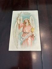 Easter Postcard Angel with Huge Wings Holds Gold Chalice. picture