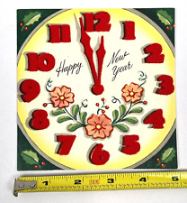 Vintage Happy New Year Greeting Card Unused Flocked Clock MCM Whit 5