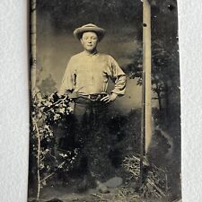 Antique Tintype Photograph Working Class Young Man Hat Reflector Visible picture